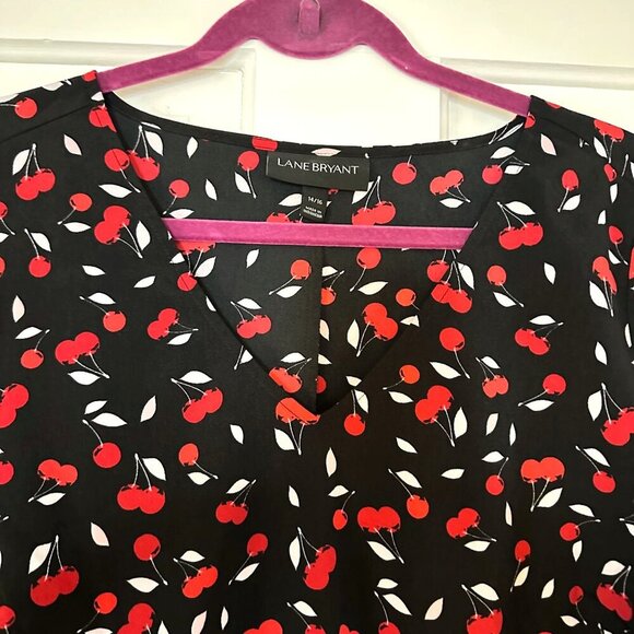 Lane Bryant Womens Top Blouse Size 14 16 Red Cherries Print Ruffle Sleeve - Picture 2 of 3